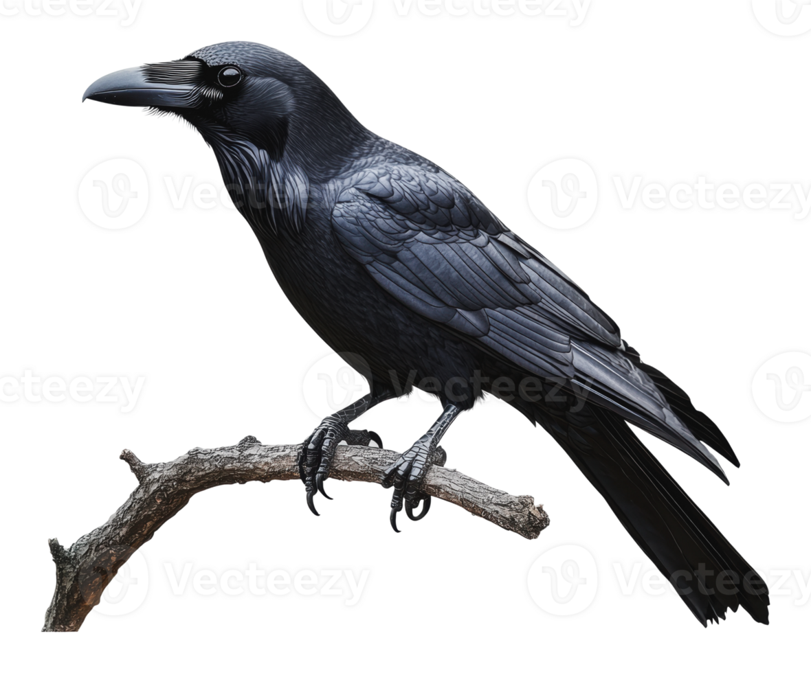 Black raven perched on a branch in bright light png
