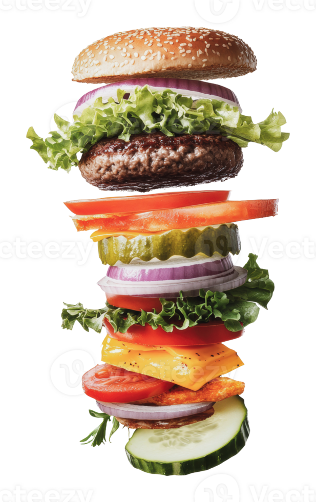 A towering burger with layers of fresh ingredients png