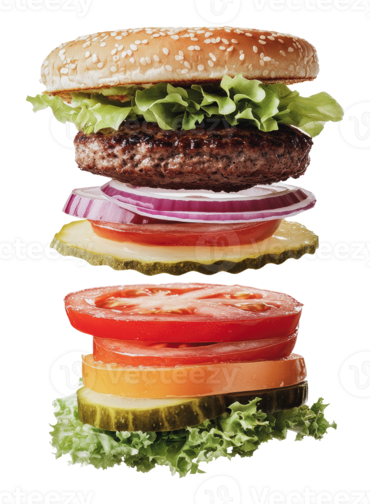 Stacked burger with veggies and toppings png