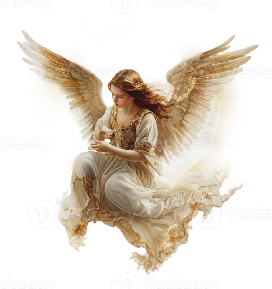 Graceful angel nurturing a white dove in flight png