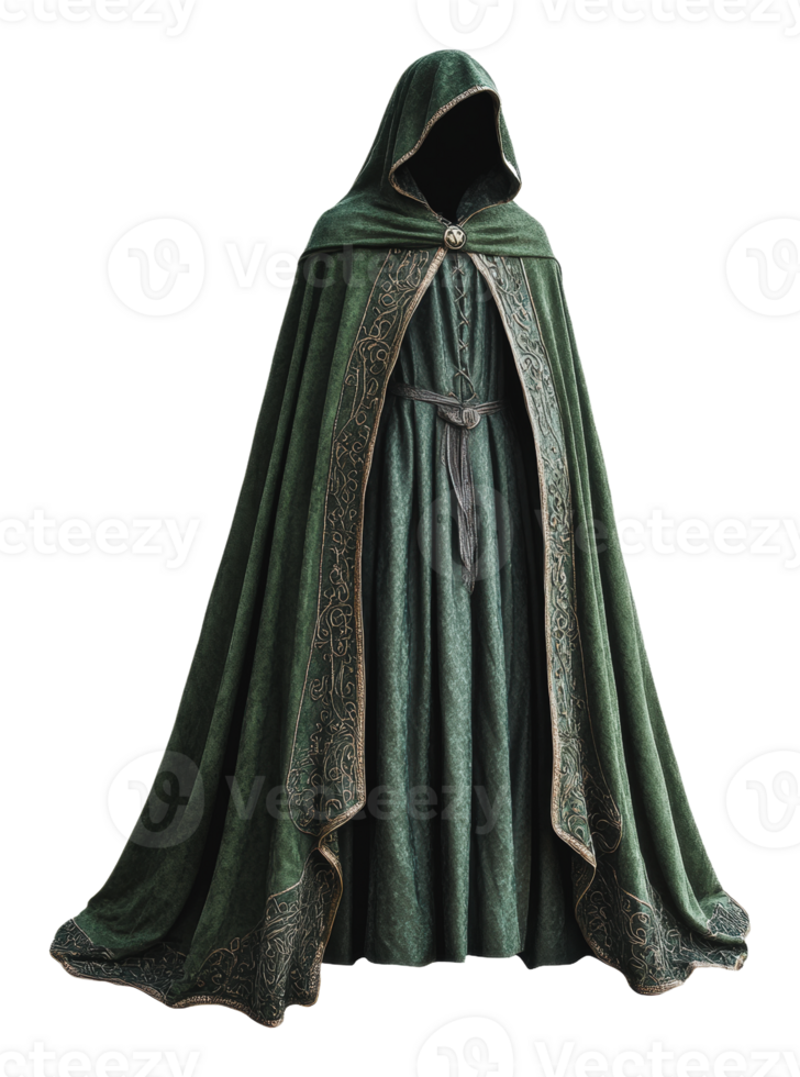 Elegant green cloak with hood for winter attire png