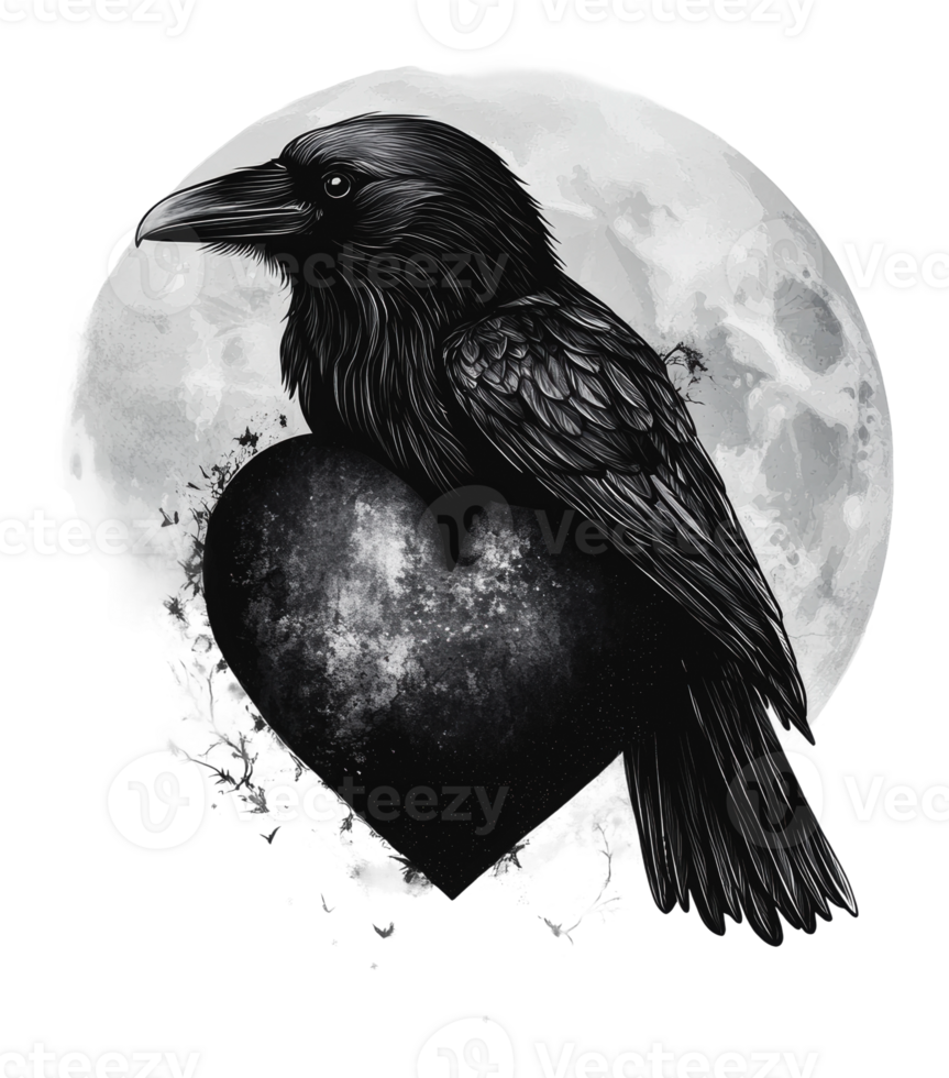 Raven perched on a dark heart against a full moon png