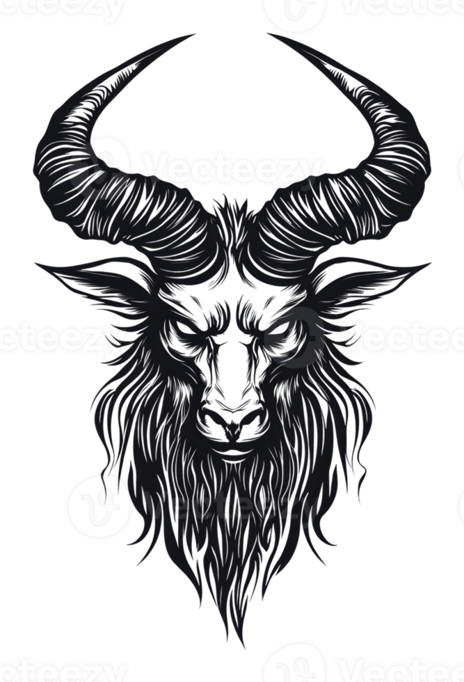 Intricate black and white illustration of a goat png