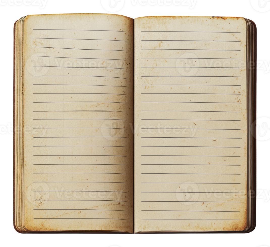 Open blank notebook with worn pages on display png