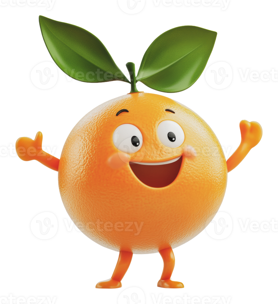 Happy cartoon orange character with green leaves png