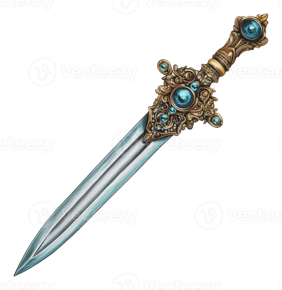 Ornate sword with blue stones png