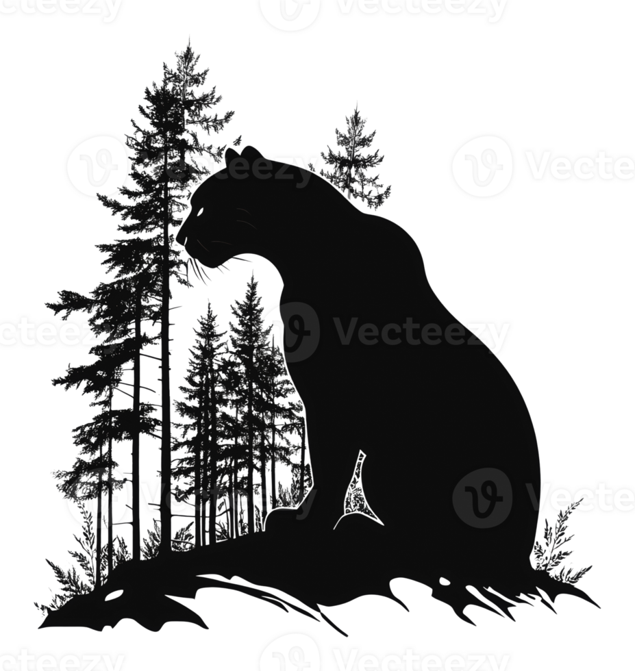 A silhouette of a bear near tall trees in nature png