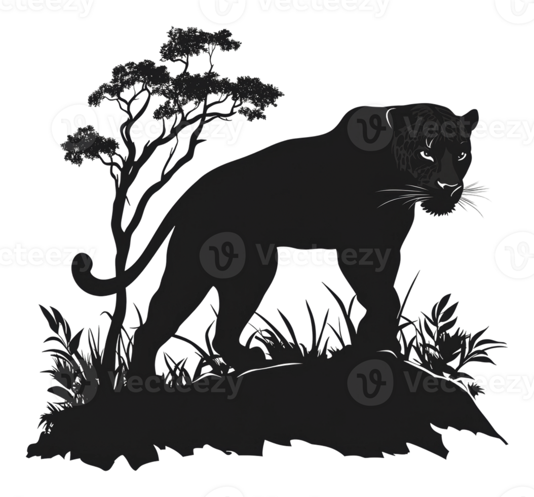 Majestic black panther standing on rock at dusk png