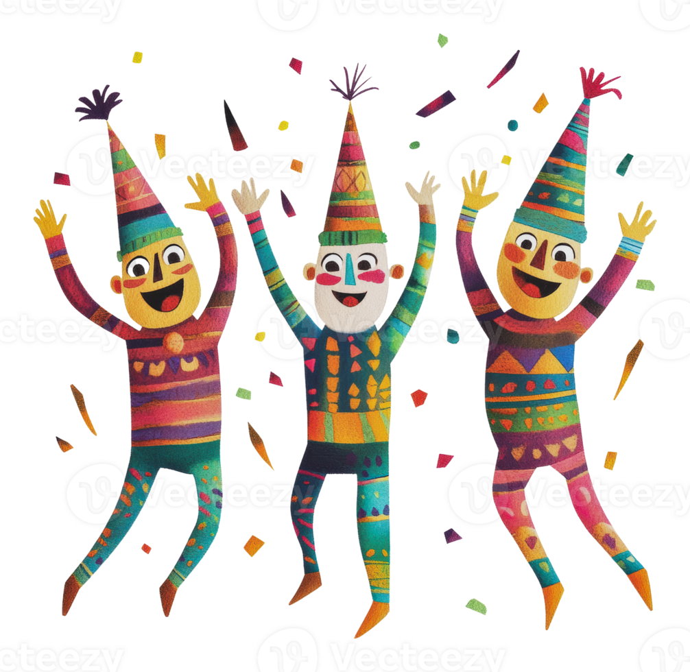 Playful characters celebrating at a festive party png