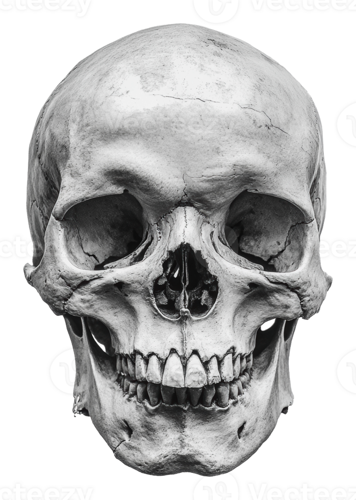A detailed human skull on a white background png