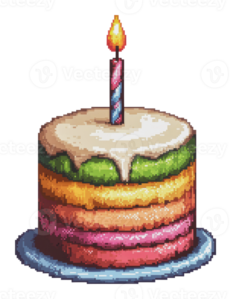 Colorful layered birthday cake with a candle png