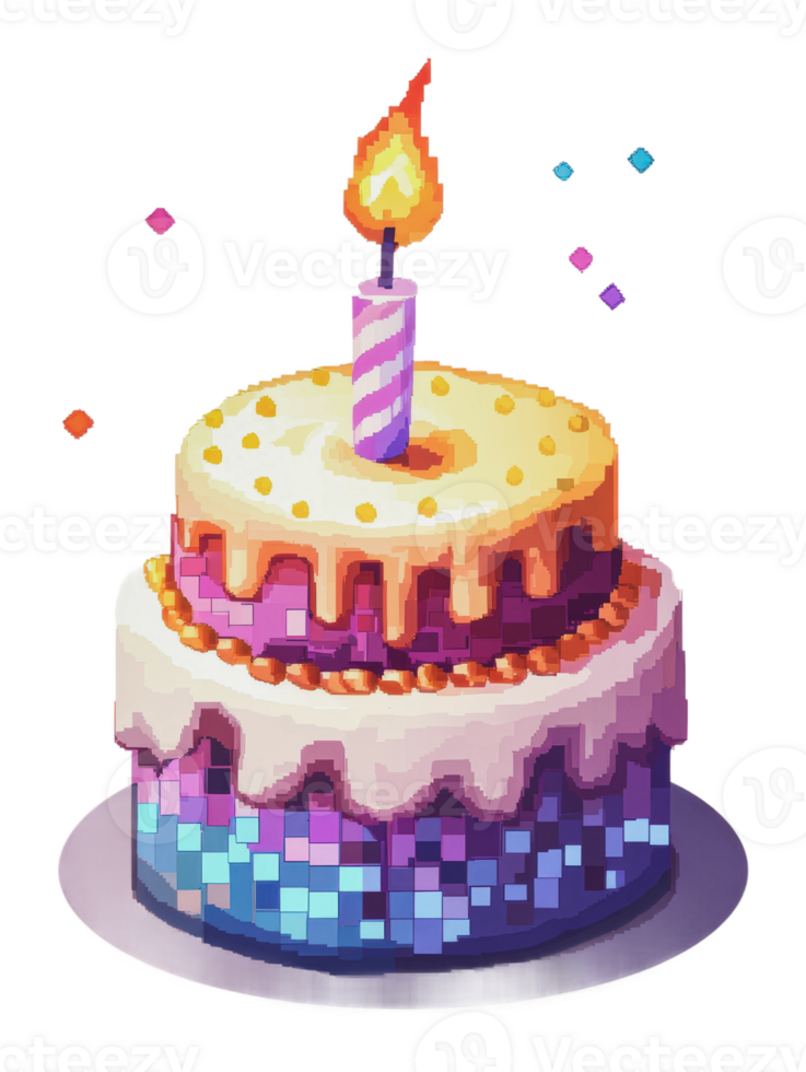 Vibrant birthday cake with candle and decor png
