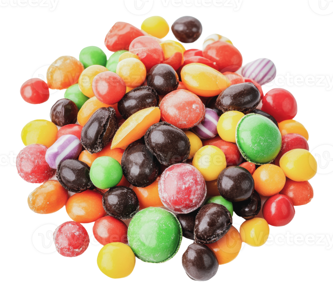 Colorful assortment of candies in a vibrant heap png