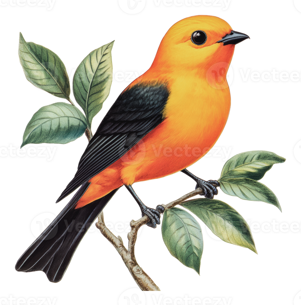 Orange bird on green leaves png