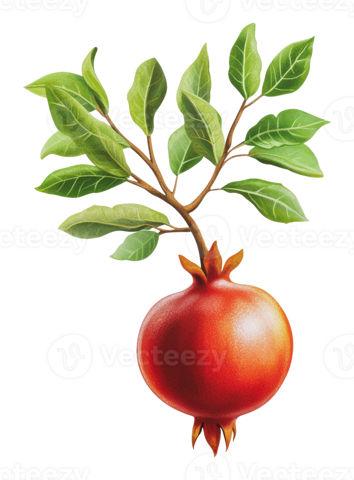 Pomegranate fruit with vibrant leaves on branch png