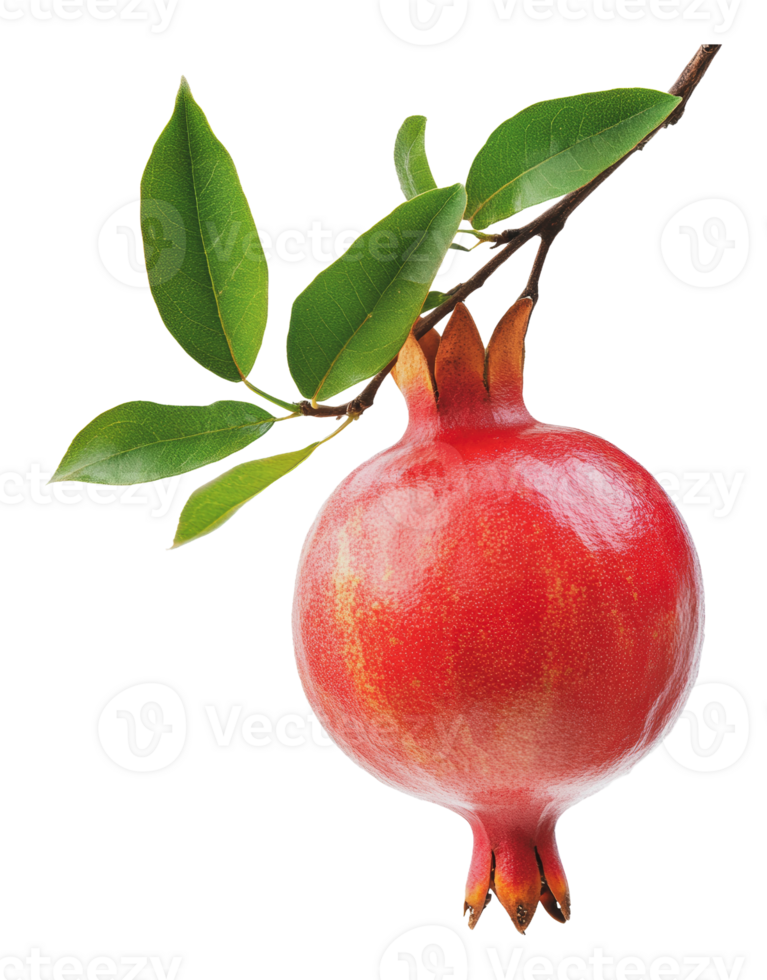 Bright red pomegranate hanging on a green branch png