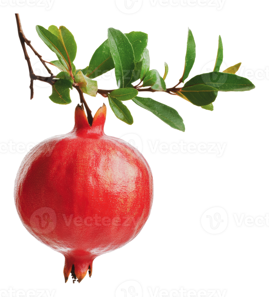 Bright red pomegranate hanging from leafy branch png
