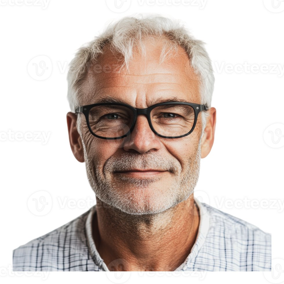 Elderly man smiling with glasses in bright setting png