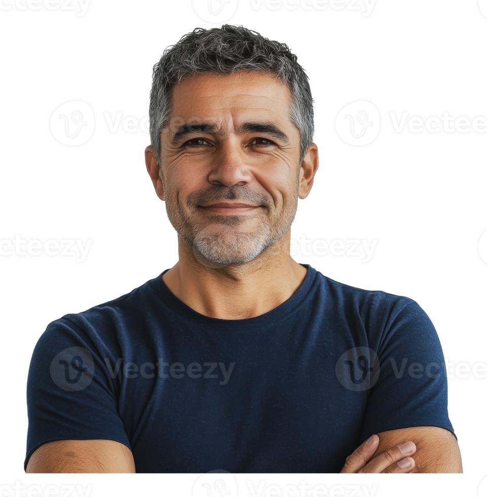 Man smiling with crossed arms indoors png