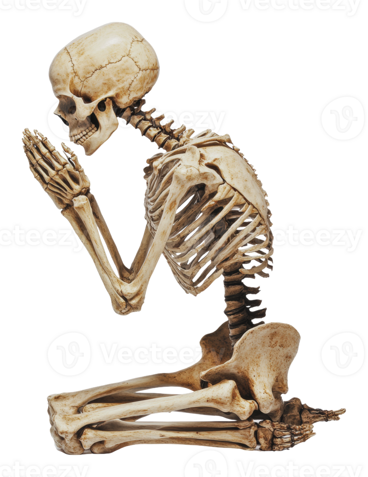 Prayerful skeleton symbolizing reflection png