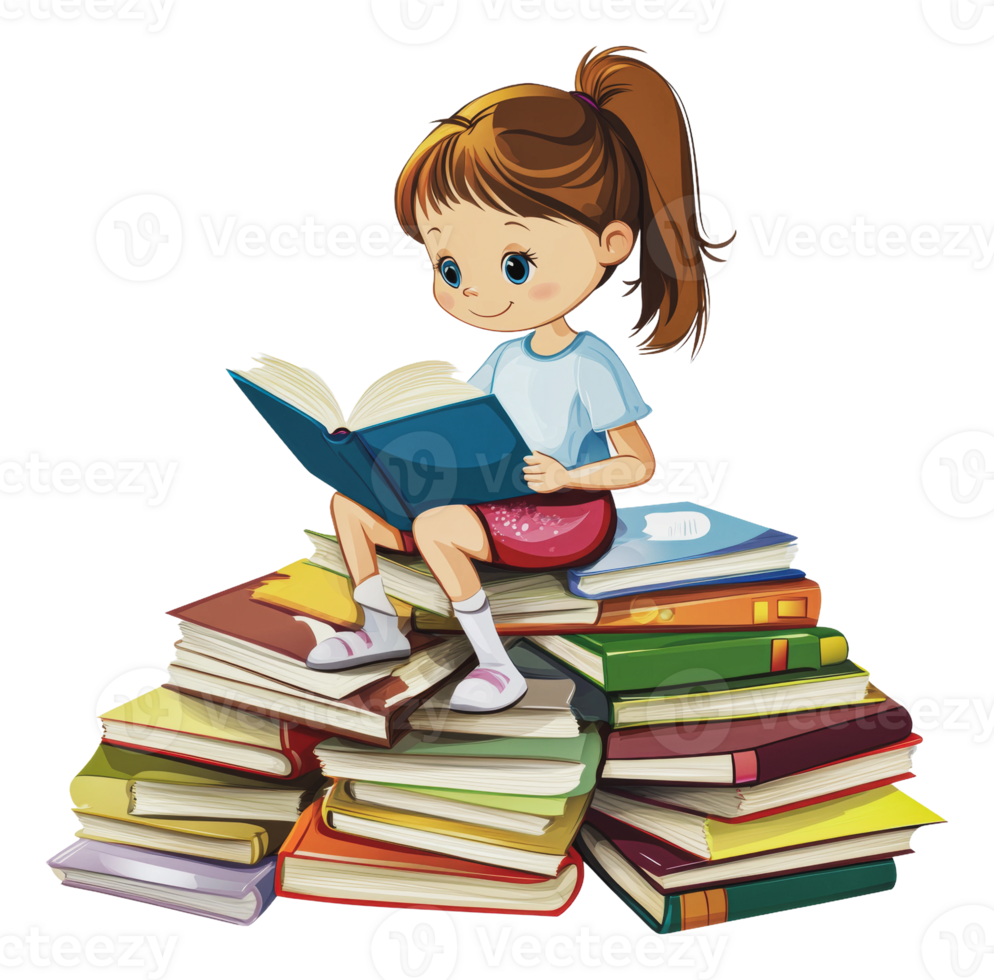 Girl reading on a pile of books png