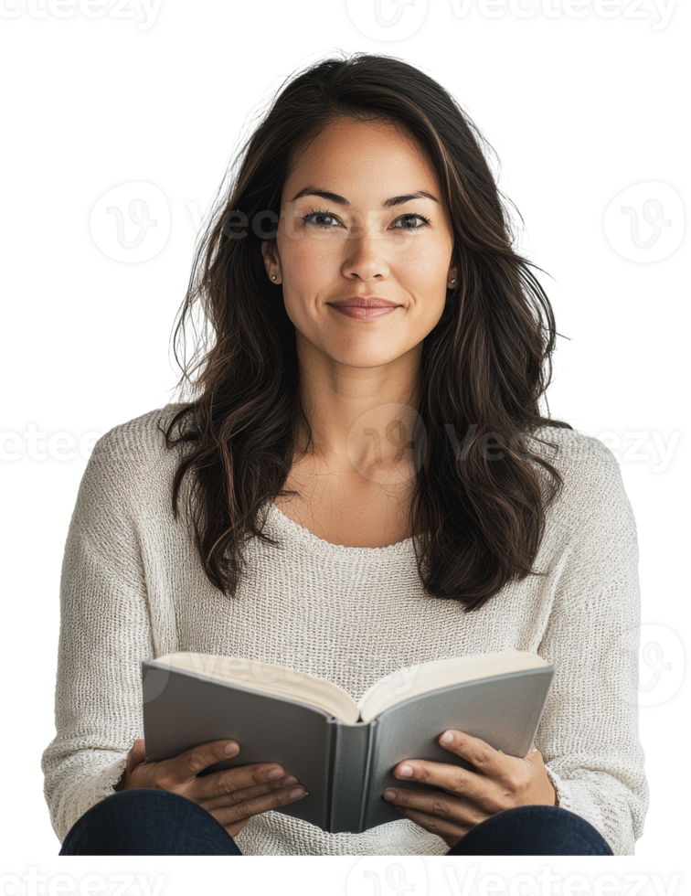 Young woman reading a book while sitting indoors png