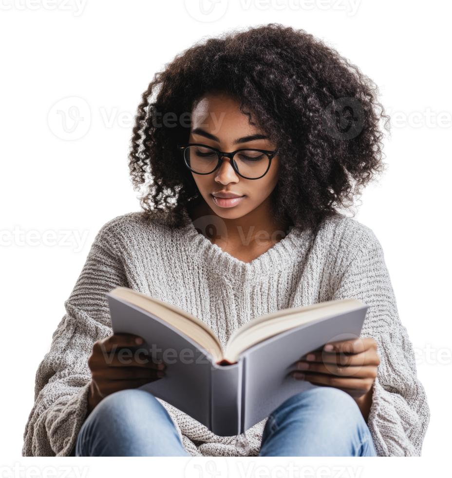 Woman in cozy sweater reading at home png