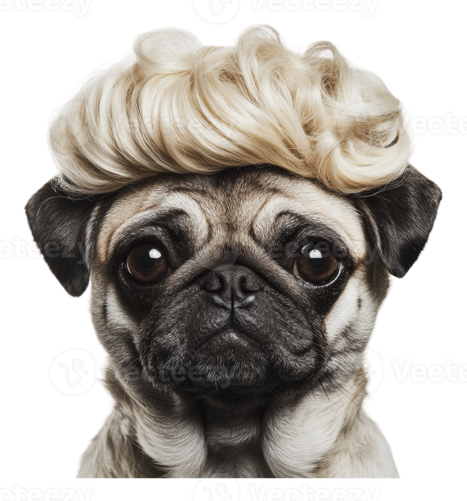 Pug with stylish blonde wig posing for camera png