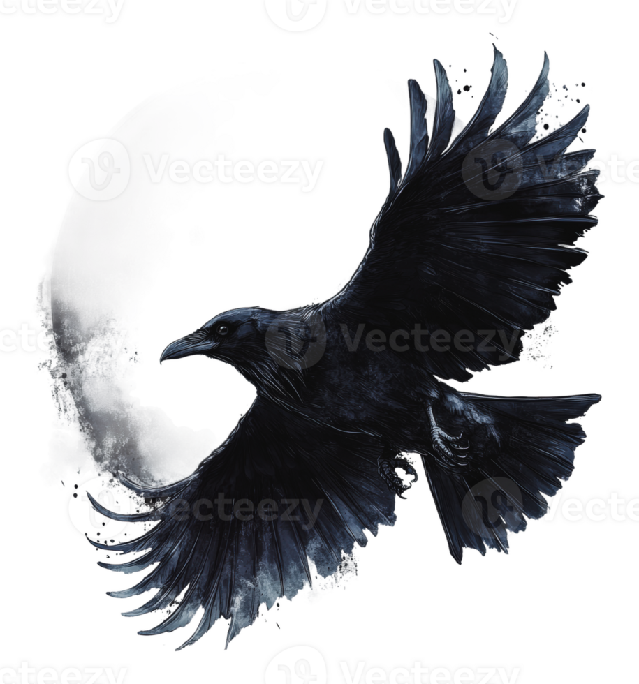 Black raven in flight against a pale backdrop png