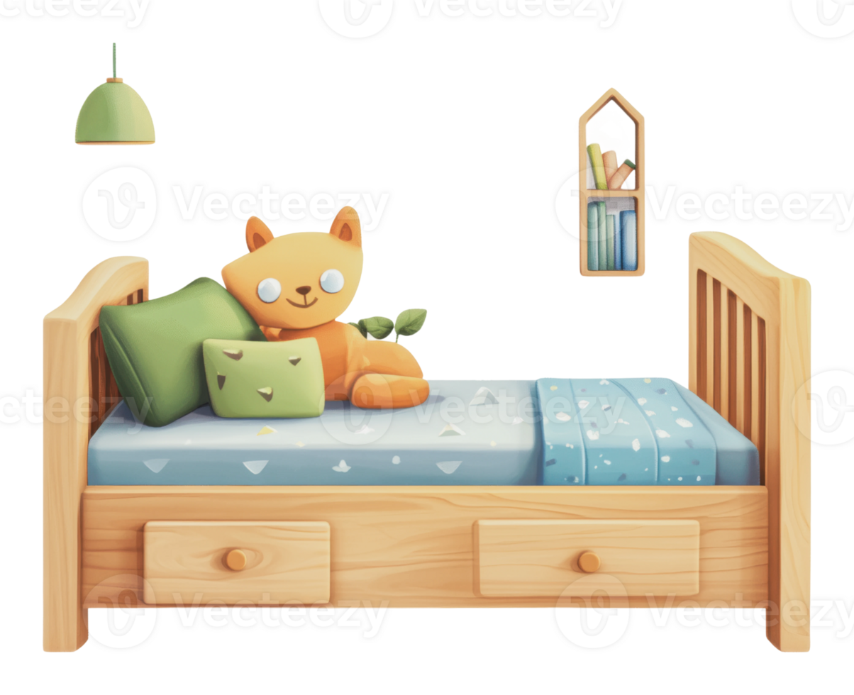 Cute cat toy on a cozy bed in a child's room png
