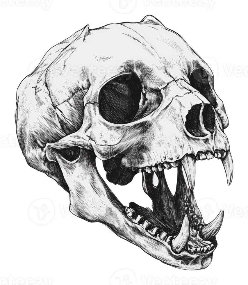 Black and white drawing of a large skull png