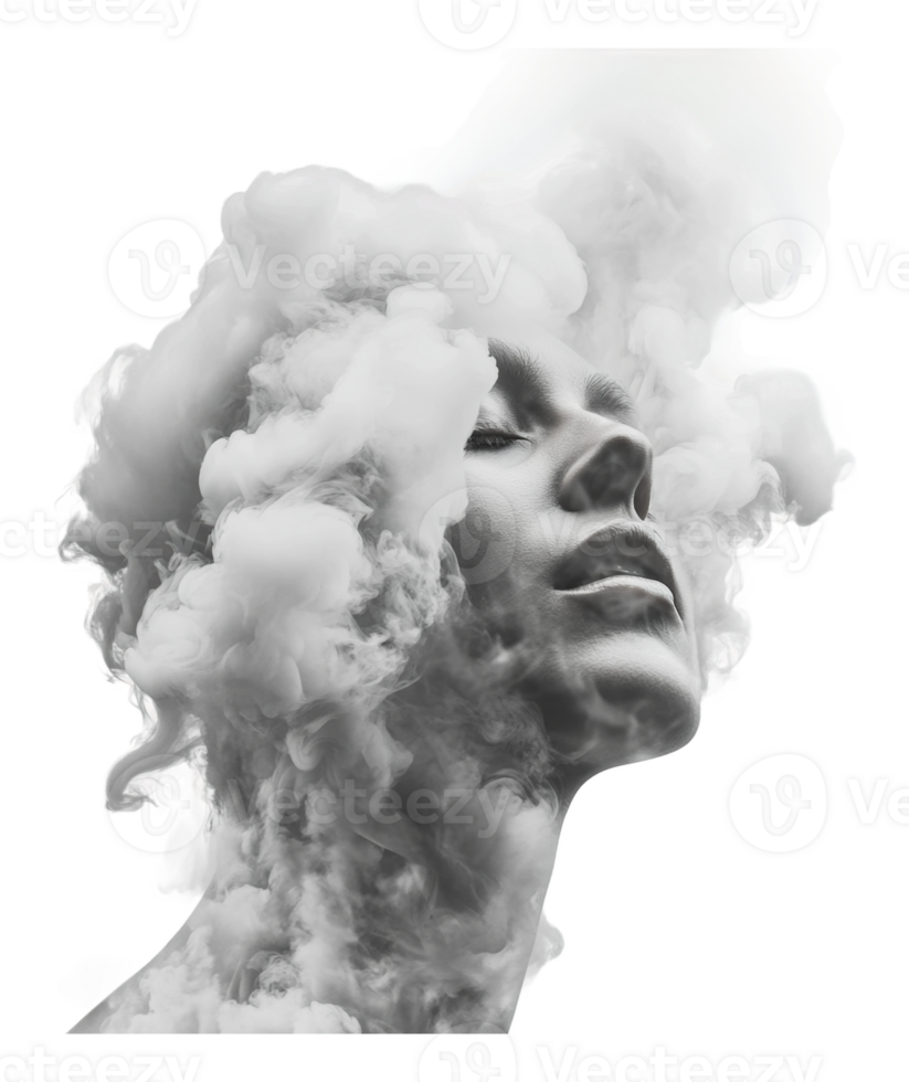Woman's face surrounded by soft clouds of smoke png