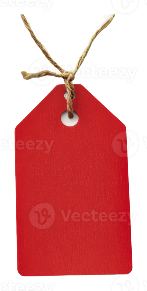 Simple red tag hanging on a twine string indoors png