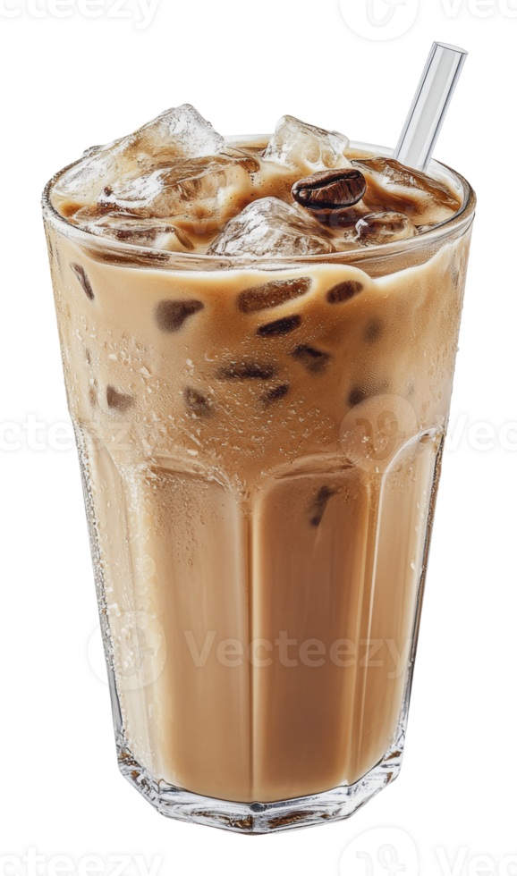 Refreshing iced coffee drink with ice and straw png