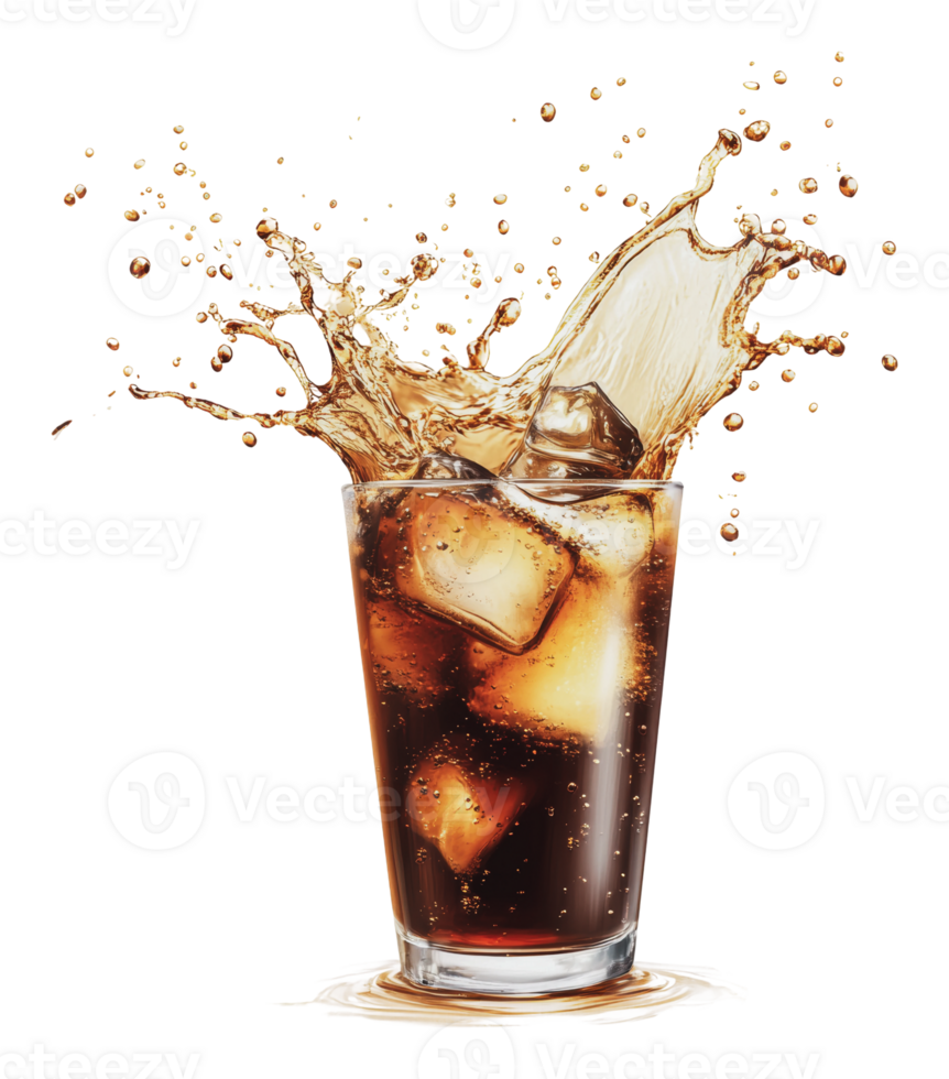 Refreshing beverage splashing in a glass with ice png
