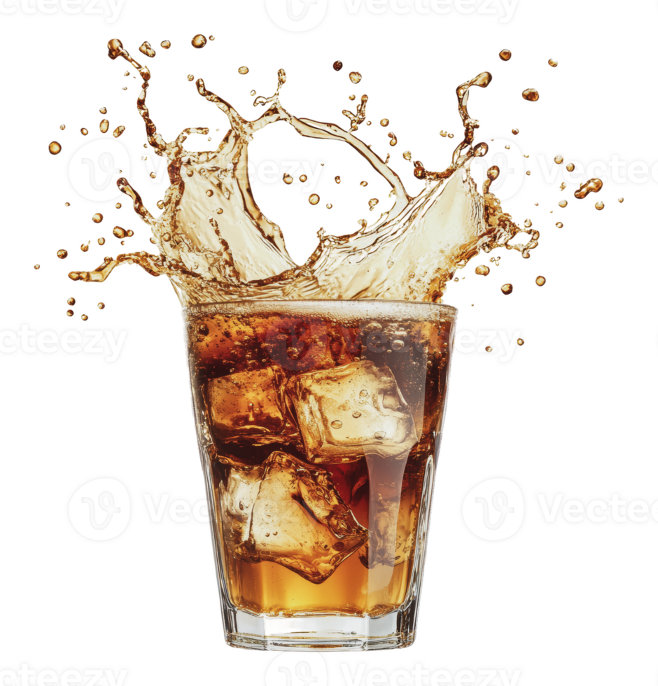 Refreshing drink with ice cubes splashing in glass png