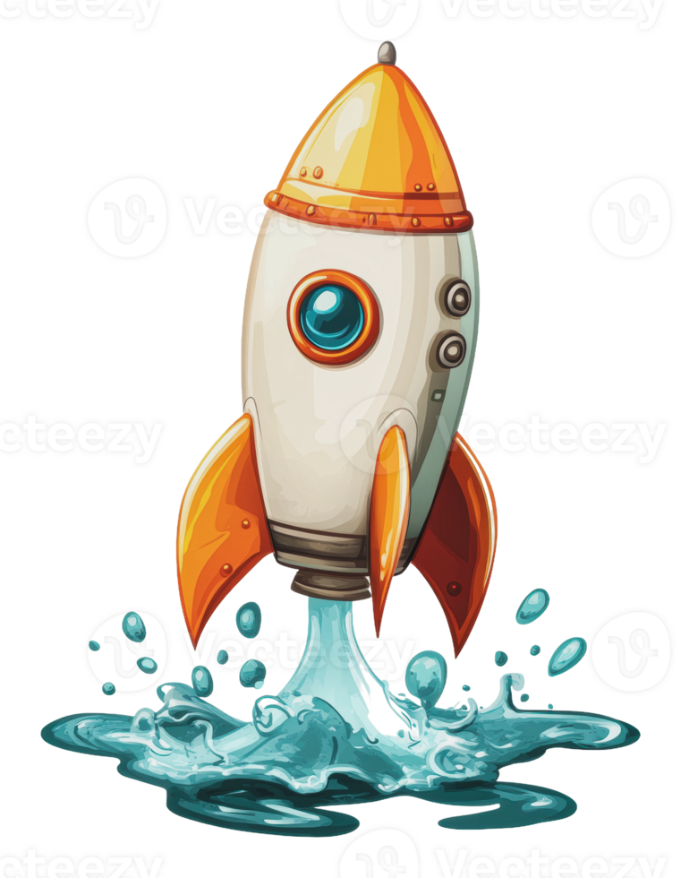 Colorful cartoon rocket launching from water png