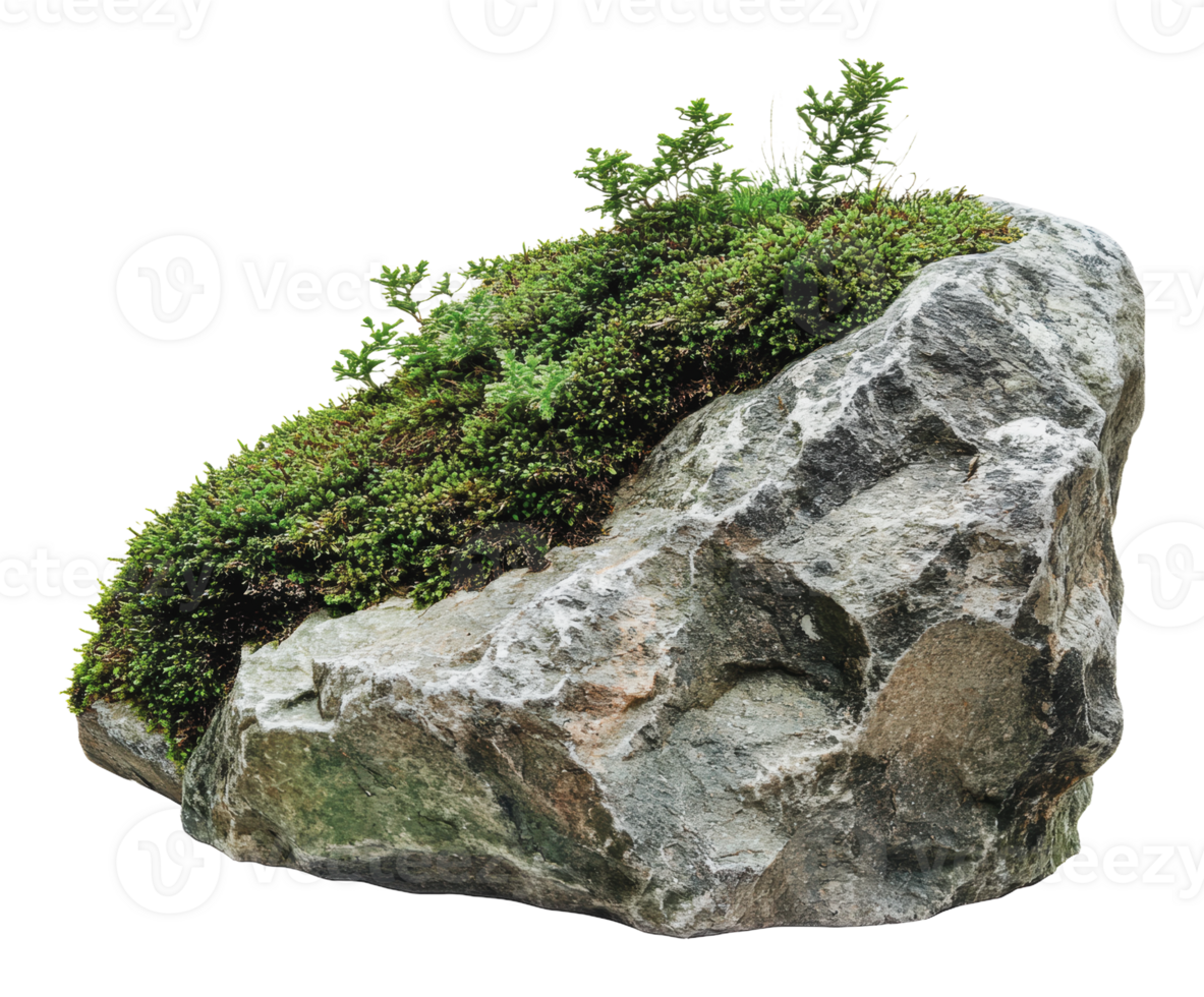 Mossy rock with tiny plants on top png