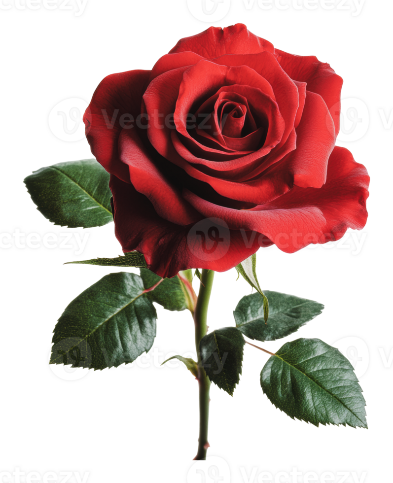 Beautiful red rose with green leaves on display png