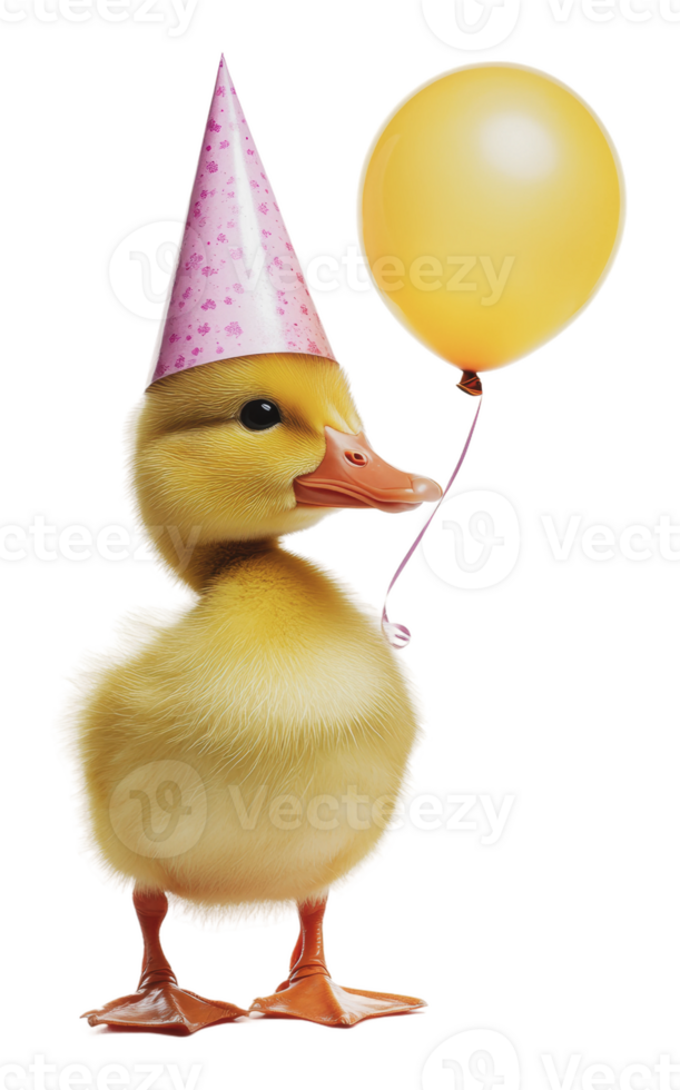Cute duckling in a party hat holding a balloon png