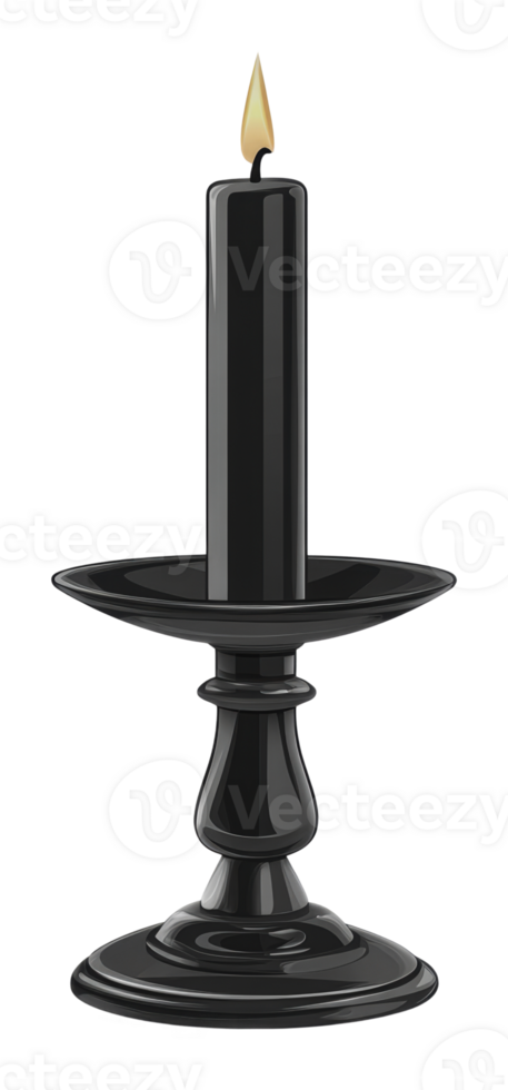 Black candle on elegant holder lit in dim setting png