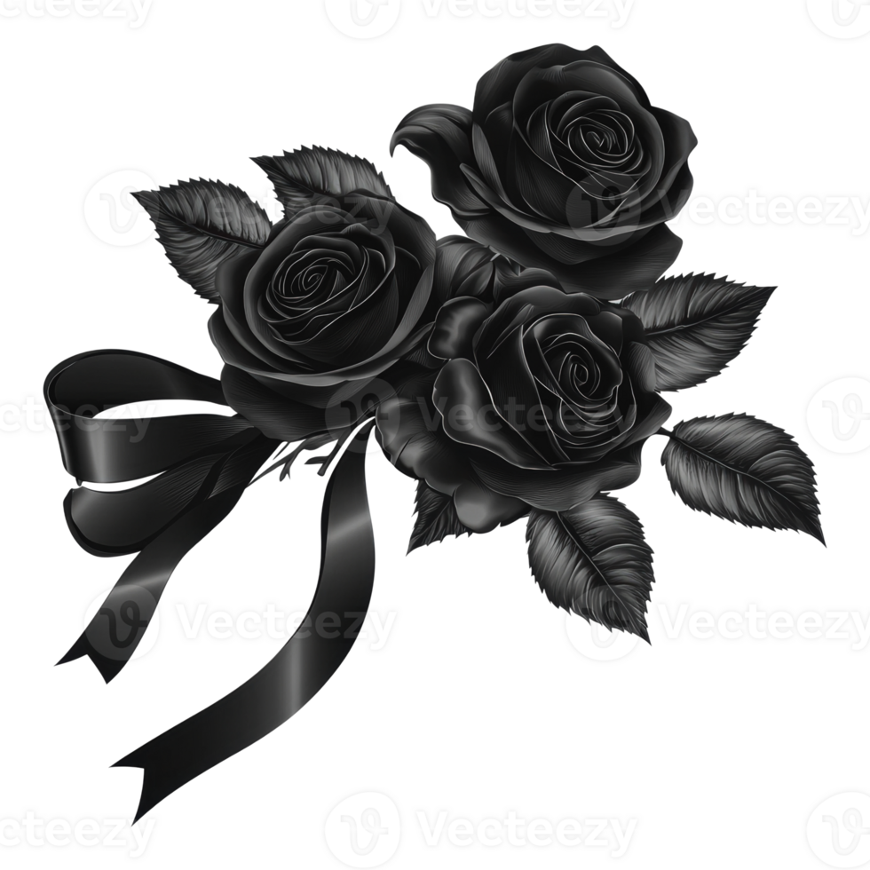 Black roses with ribbon create a striking bouquet png