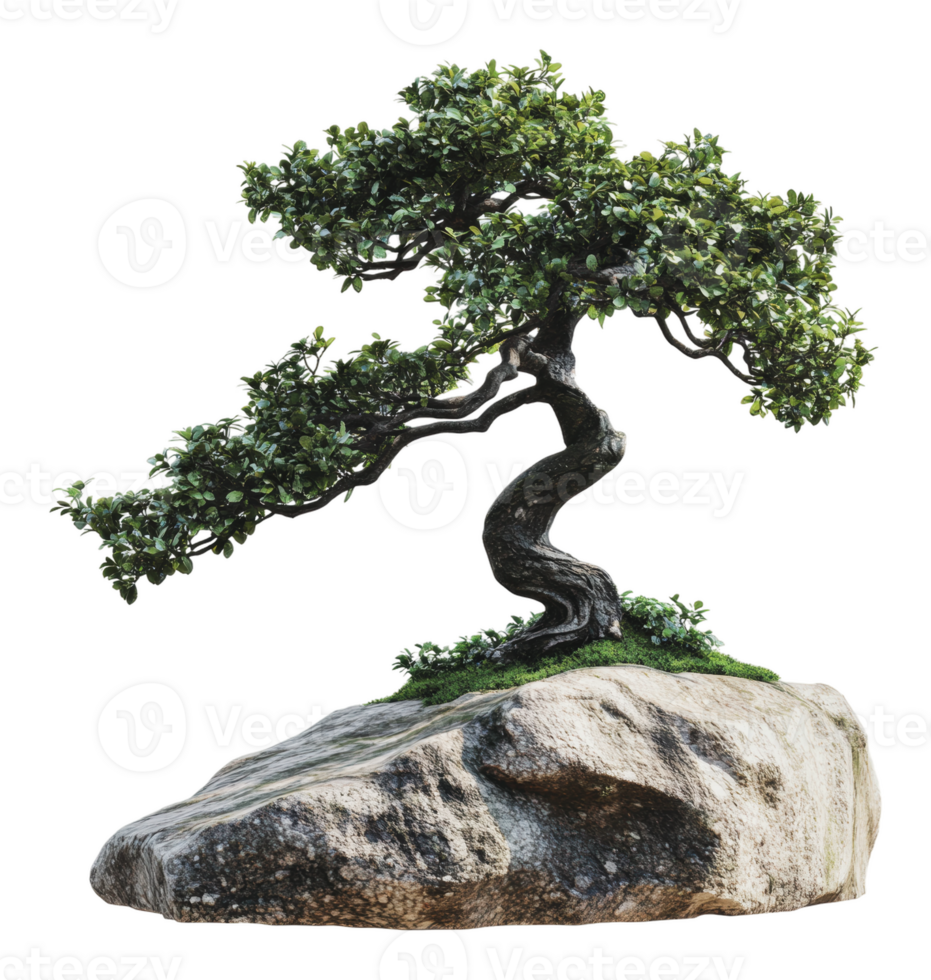 Elegant bonsai tree on a rock display in a garden png
