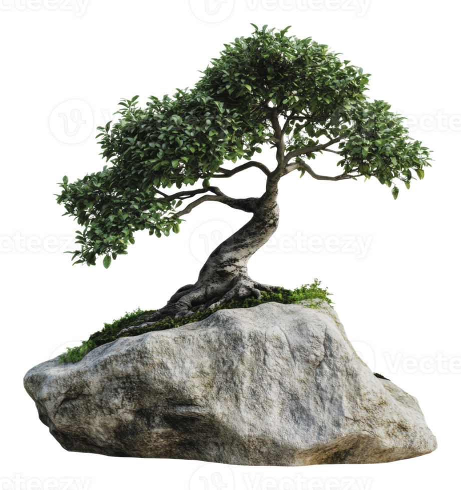 A beautiful bonsai tree growing on a large rock png