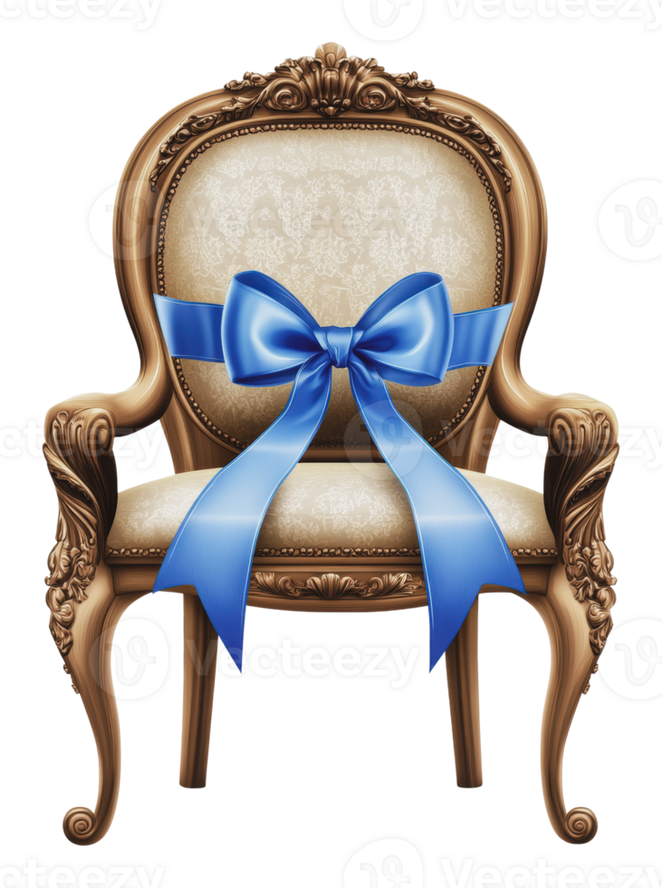 Elegant chair with blue bow for special occasion png