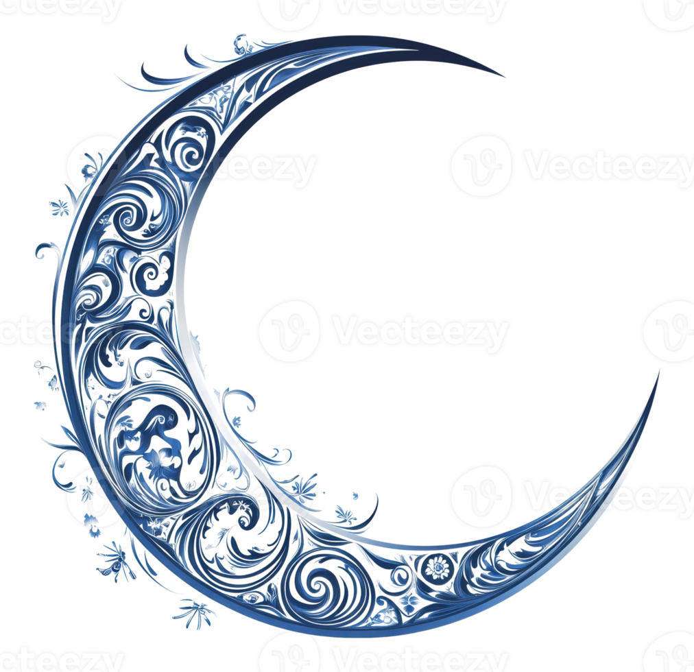 Elegant blue crescent moon with intricate designs png