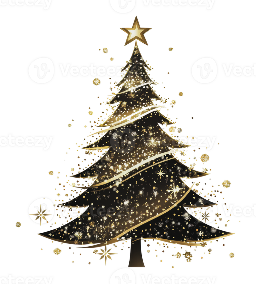 Festive black and gold Christmas tree with star png