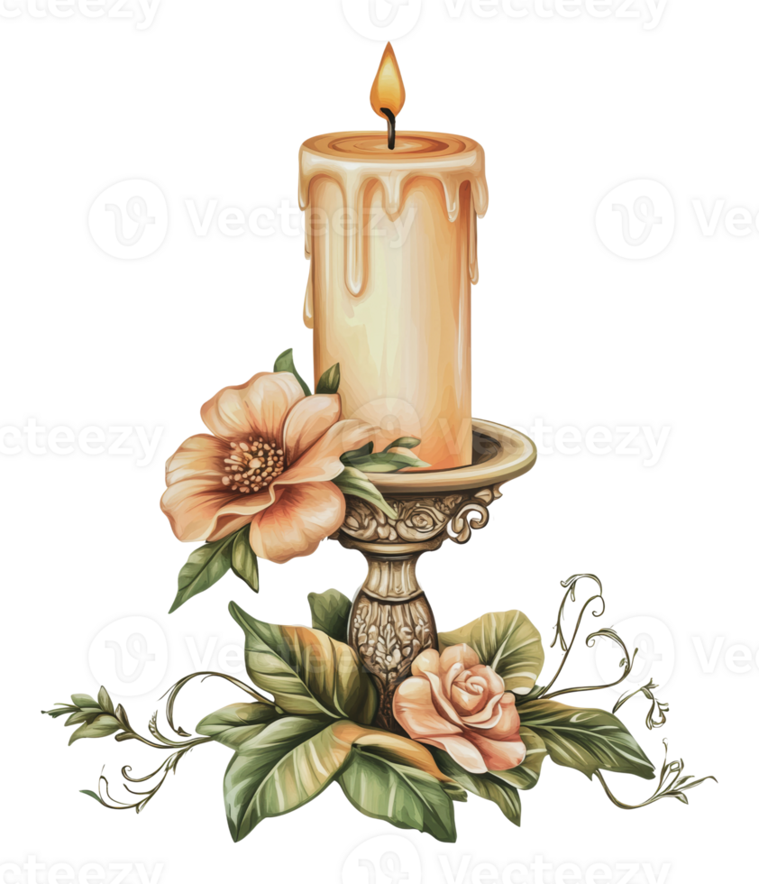 Elegant candle with flowers on a decorative holder png