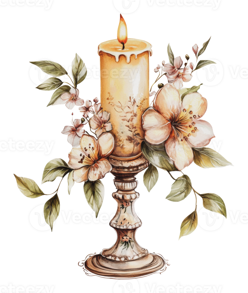 Elegant candle with flowers on a decorative stand png