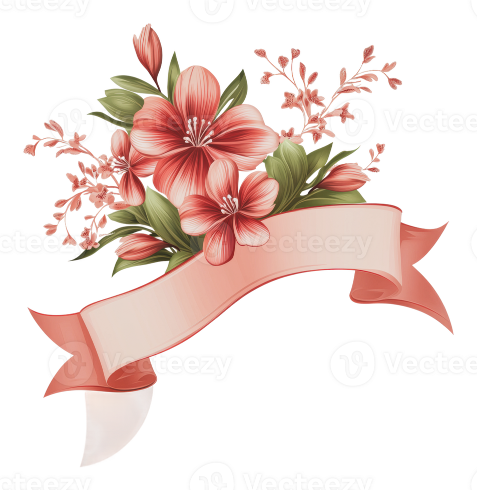 Floral arrangement with decorative ribbon png